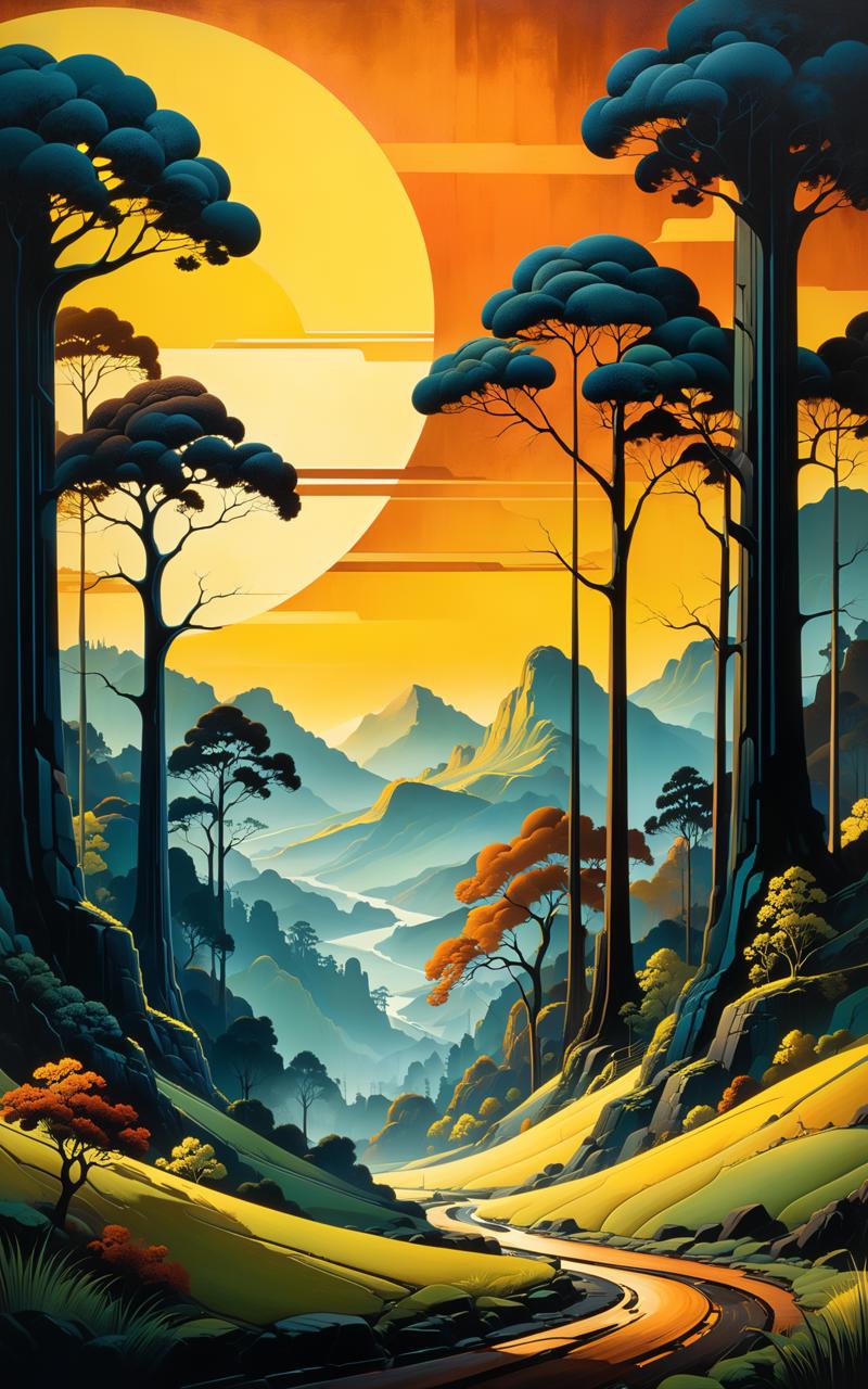 05599-3948574894-Create a painting of the base image landscape in the style of Eyvind Earle, complex background, medium_ old film grain, tetradic.png